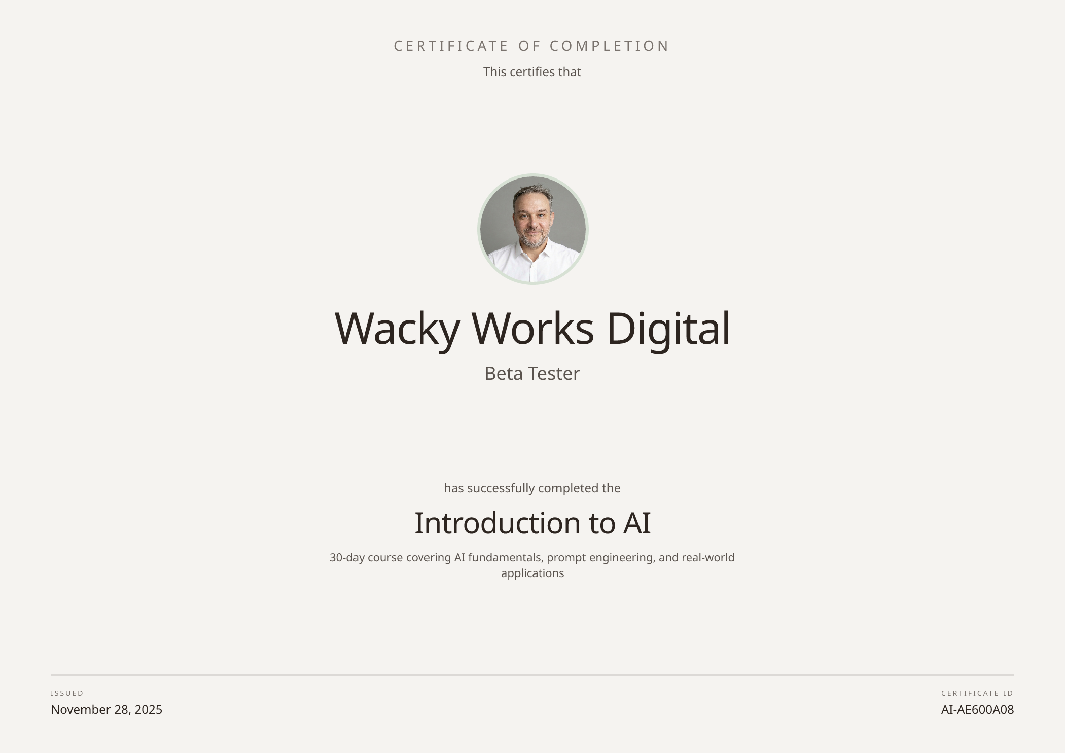 Certificate for Wacky Works Digital